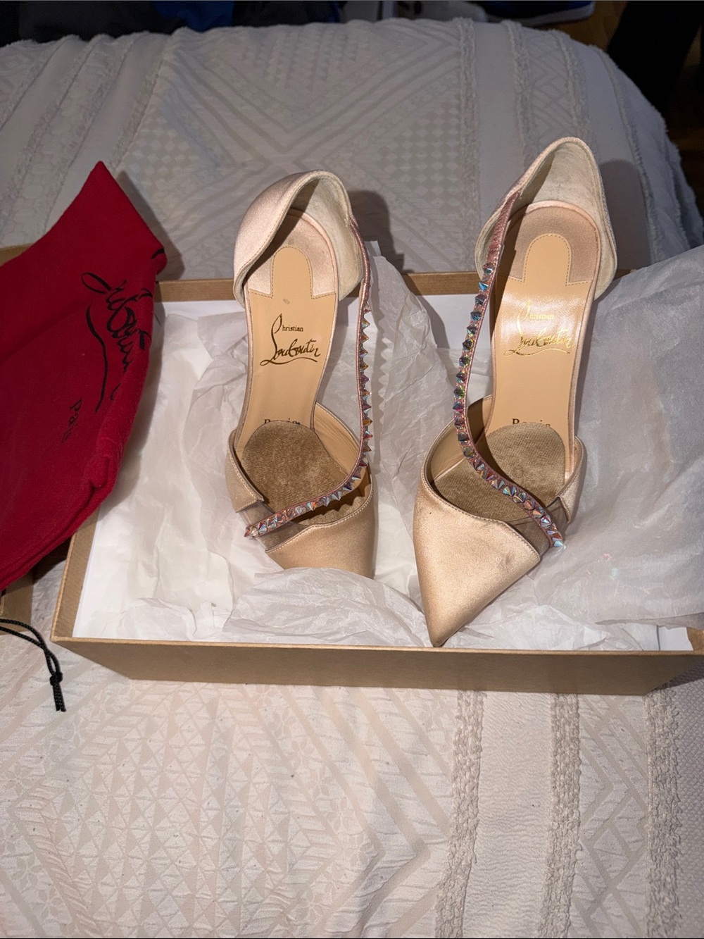 Christian Louboutin Champagne Satin Pointed D'Orsay Pumps with Crystal Strap